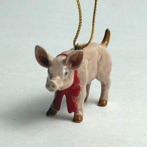 Cute‎ Pig Ornament Red Bow Ceramic Hanging Figurine Farm Animal 2"